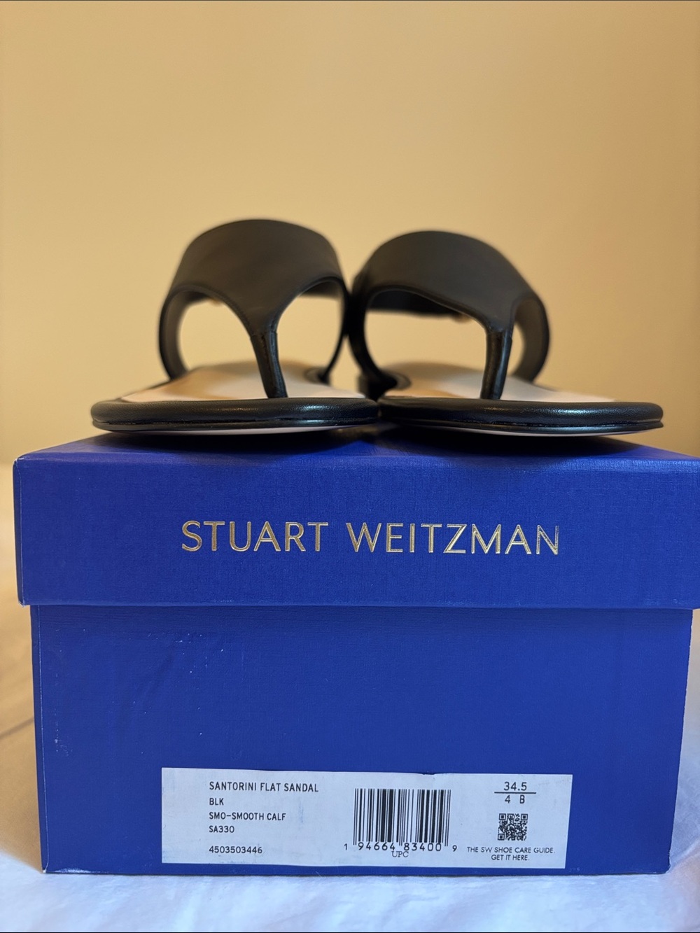 Stuart Weitzman Size 34.5 / 4B Black Smooth Calf Thong Sandals